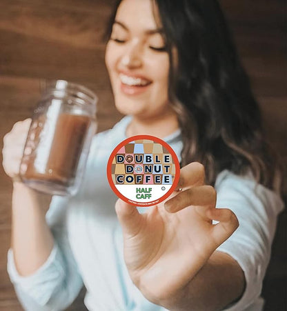 Double Donut Coffee Half Caff Coffee Pods, Single Serve Half Caffeine Coffee Pods For Keurig K Cup Brewers, Medium Roast, 24 Count pack of 2