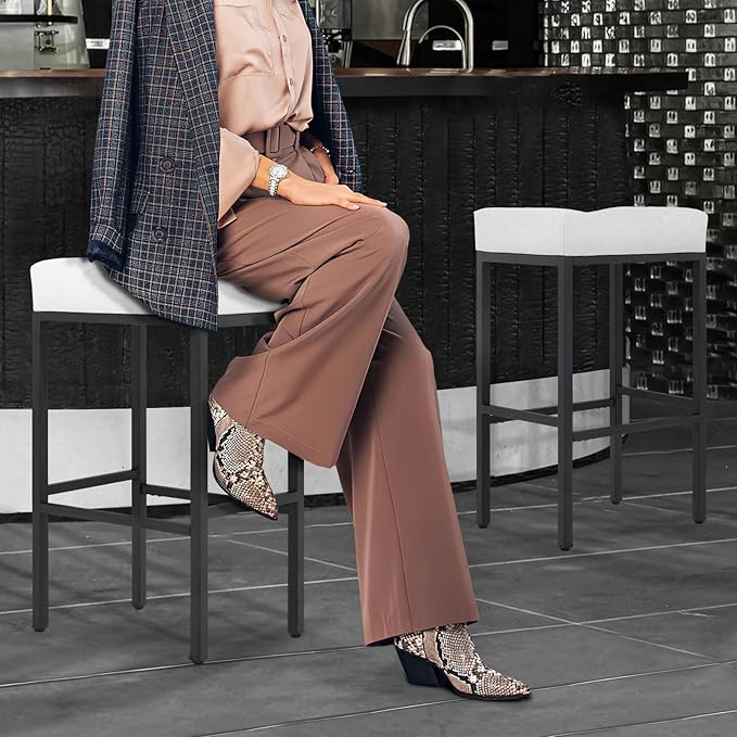 Athena Collection Counter Height Bar Stools Set of 2, 31.5 Inches Saddle Bar Stools with Leather Upholstered and Metal Legs, Backless Barstools for Counter, Kitchen Island, Dining Room, White