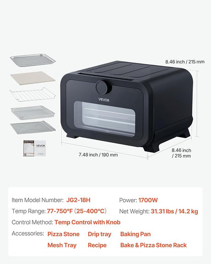 VEVOR Pizza Oven, 8 Presets Electric Pizza Ovens Air Fry Combo, 12-Inch Indoor Pizza Maker Smart Knob Control, 750°F Max Temp, IPX4 Waterproof Countertop Pizza Cooker w/Pizza Stone,Fry Basket