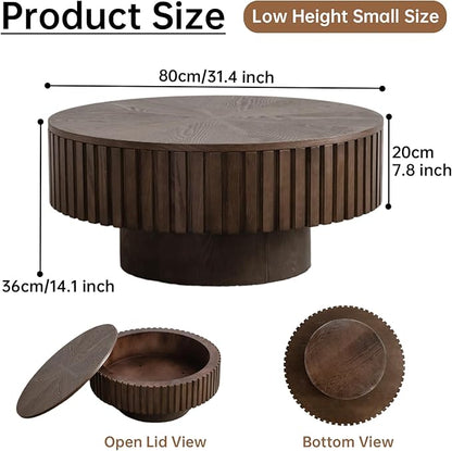 Round Coffee Table with Storage 31.4" Modern Brown Fluted Coffee Table Low Round Storage Drum Pedestal Coffee Tables for Living Room Farmhouse (Brown A 31.4in)