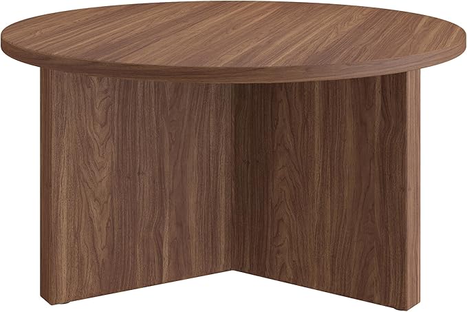 Henn&Hart 32" Round Wood Pedestal Coffee Table for Living Room, Family Room, Office, or Apartment, Satin Walnut