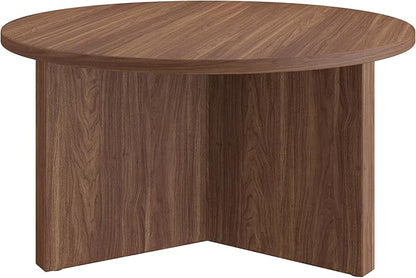 Henn&Hart 32" Round Wood Pedestal Coffee Table for Living Room, Family Room, Office, or Apartment, Satin Walnut