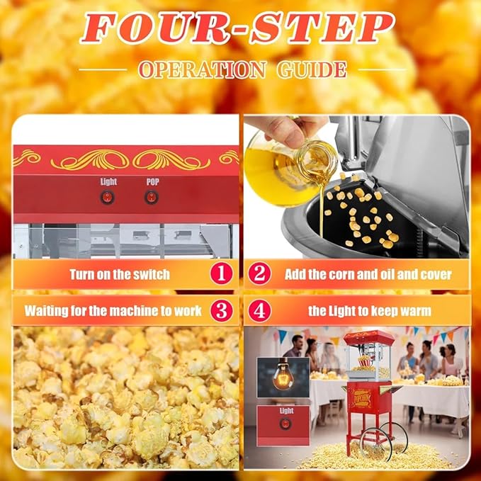 Portable Popcorn Machine with Cart & Wheels, 10 Oz Commercial Popcorn Maker with Kettle, Includes 3 Measuring Spoons for Home Theater, Parties, Events