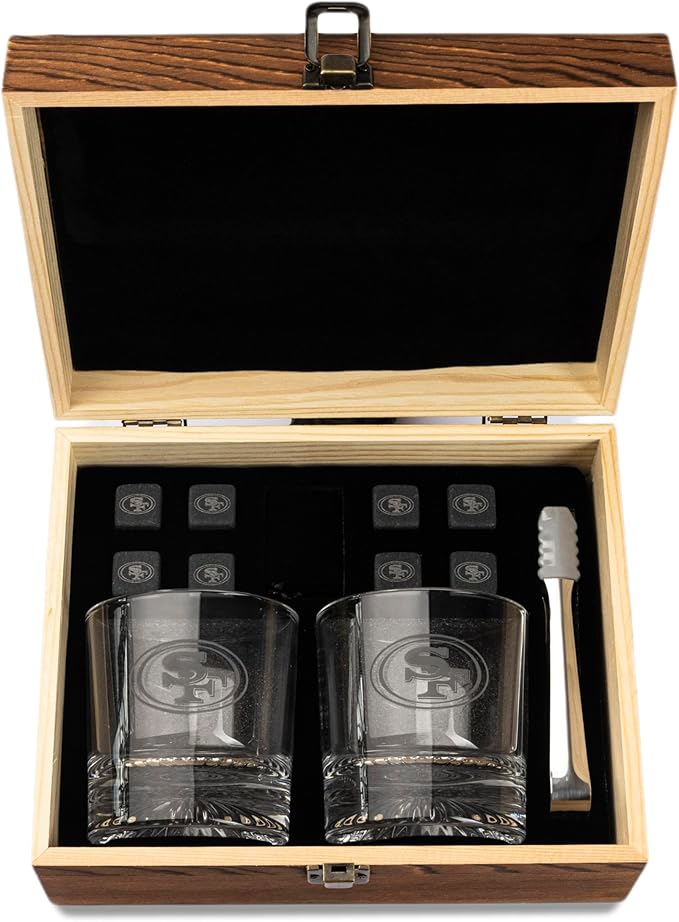 The Memory Company Officially Licensed NFL Wood Boxed Drinkware Set, with 2 Rocks Glasses and Cooling Cubes, San Francisco 49ers