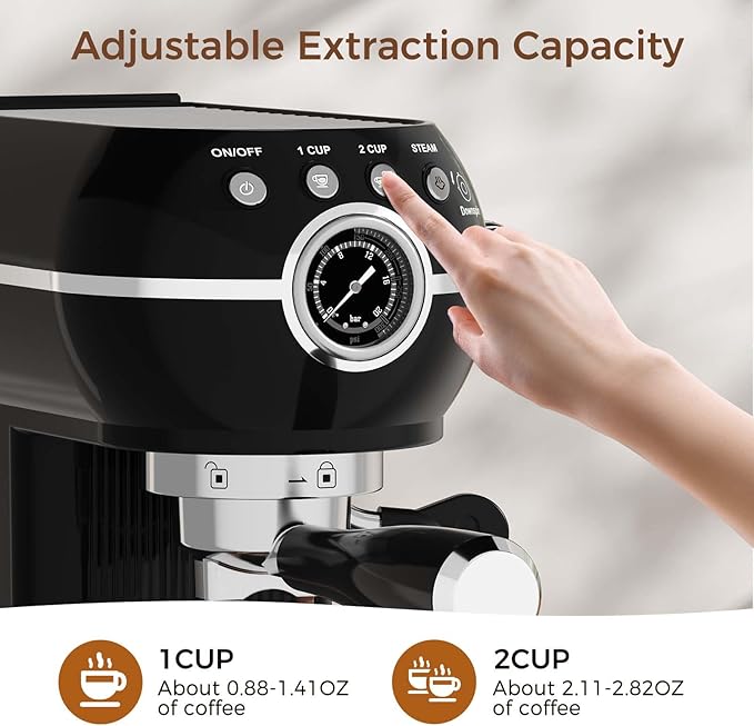 Espresso Machine with Milk Frother, 20 Bar Espresso Maker for Latte and Cappuccino, Expressions Coffee Machine with Removable Water Tank (Black)