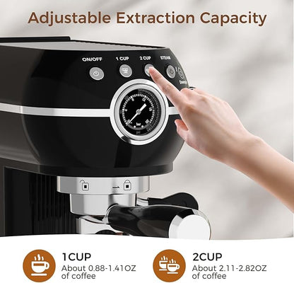 Espresso Machine with Milk Frother, 20 Bar Espresso Maker for Latte and Cappuccino, Expressions Coffee Machine with Removable Water Tank (Black)