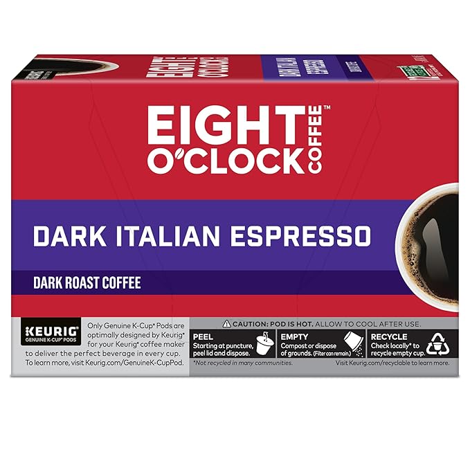 Eight O'Clock Coffee Dark Italian Espresso Roast, Keurig Single Serve K-Cup Pods, Dark Roast, 12 Count (Pack of 6)