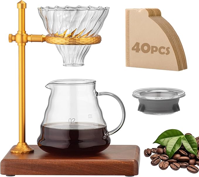 Pour Over Coffee Maker Set – Glass Coffee Dripper with Stainless Steel Stand, Wooden Base & 40 Filters – Travel Filter Coffee Maker