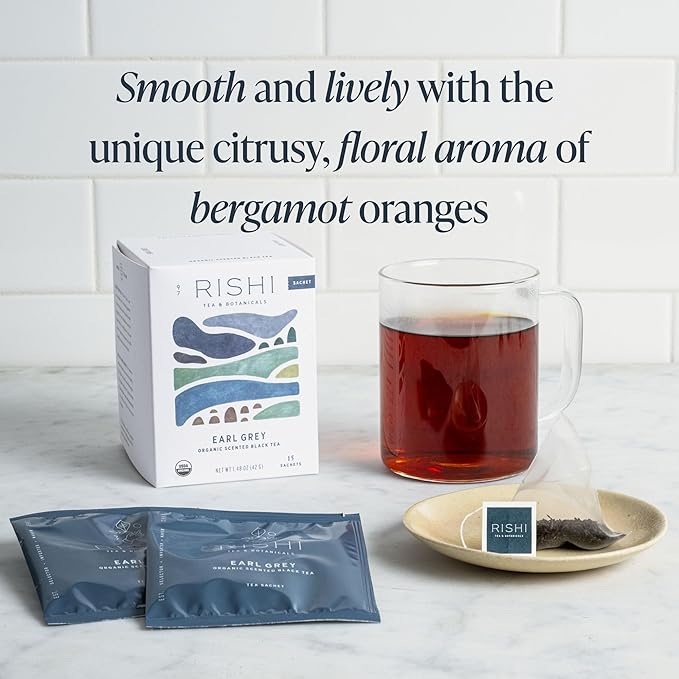 Rishi Tea Earl Grey Tea - Organic Sachet Tea Bags, Pure Black Tea with Bergamot Oil, Energizing & Caffeinated - 15 Count (Pack of 6)