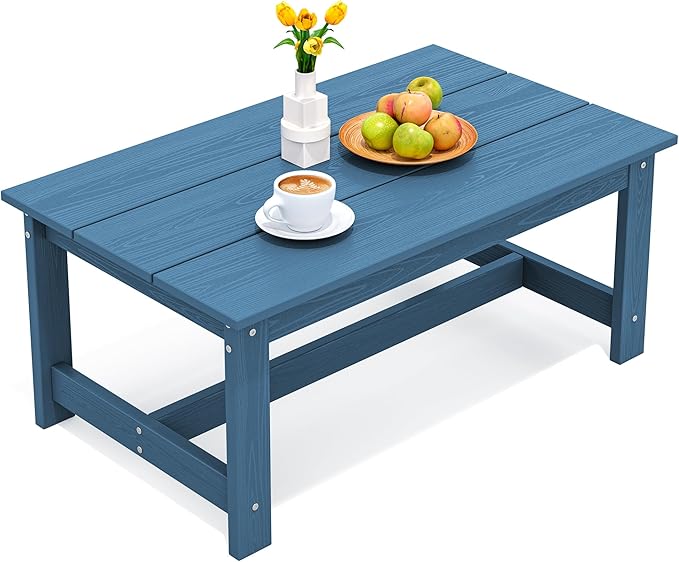 SERWALL HDPE Patio Coffee Table, Rectangle Outdoor Coffee Table, All-Weather Coffee Side Table for Balcony, Poolside, Deck, Garden, Blue