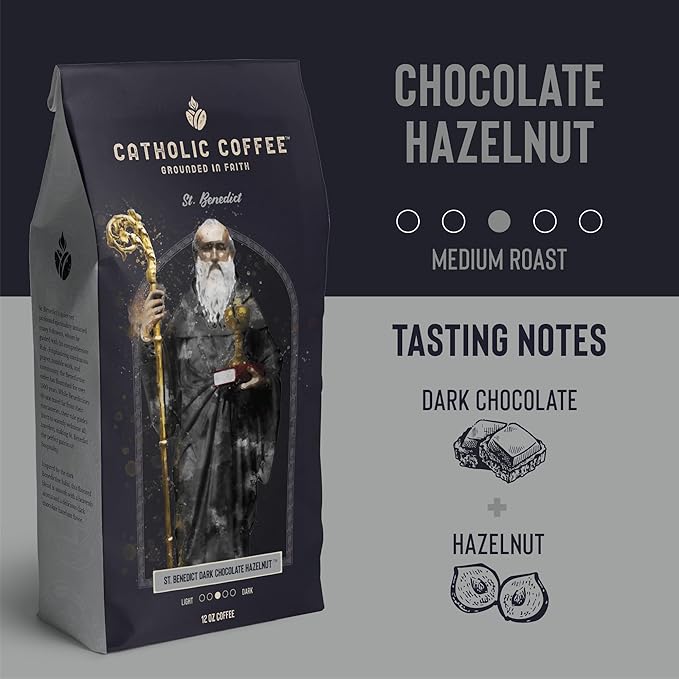 Catholic Coffee St. Benedict | Chocolate Hazelnut Flavored Medium Roast Whole Bean Coffee – Dark Chocolate & Hazelnut Notes | 12oz Bag – Catholic Gift Inspired by Monastic Tradition