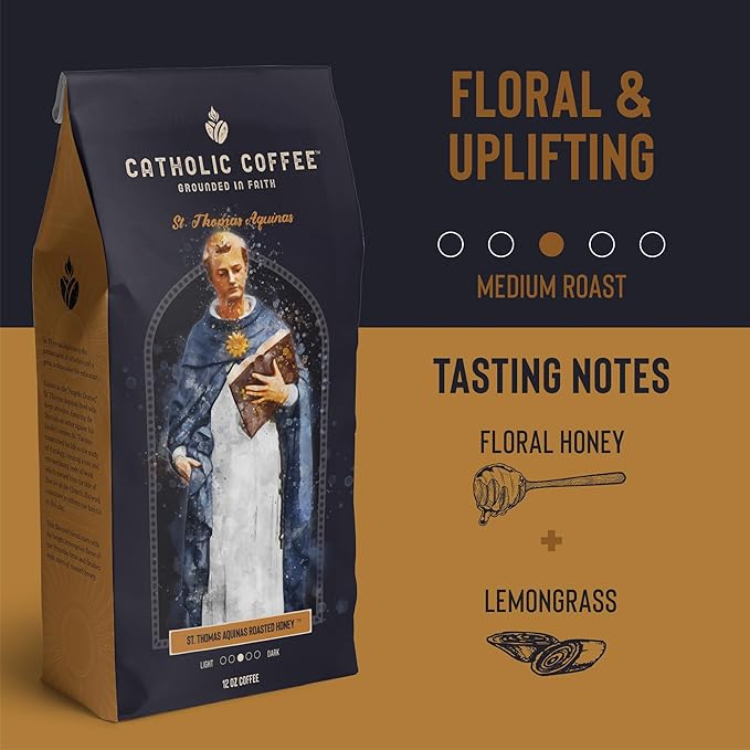 Catholic Coffee St. Thomas Aquinas | Medium Roast Ground Coffee – Floral Honey & Lemongrass Notes | 12oz Bag – Catholic Gift Inspired by a Doctor of the Church