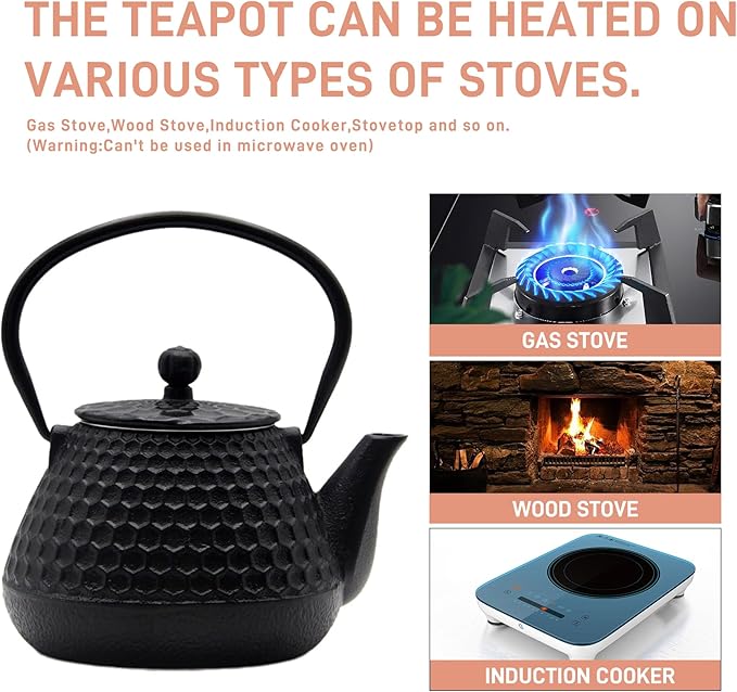 20.3oz Small Cast Iron Teapot, SECHUDO Cast Iron Tea Kettle for Stovetop Safe Coated with Enameled Interior, Cast Iron Tea Pot with Stainless Steel Infuser for Loose Tea (Black Honeycomb Pattern)
