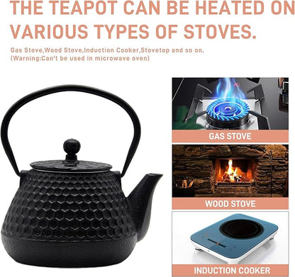 20.3oz Small Cast Iron Teapot, SECHUDO Cast Iron Tea Kettle for Stovetop Safe Coated with Enameled Interior, Cast Iron Tea Pot with Stainless Steel Infuser for Loose Tea (Black Honeycomb Pattern)
