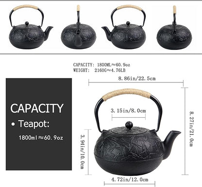 60.9oz YJX Cast Iron Teapot, Japanese Tetsubin Tea Kettle for Stovetop Safe, Cast Iron Tea Pot with Infuser for Loose Leaf, Black Kettle Teapot, Good Gift For Tea Lovers(1800ml)