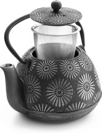 IBILI 40 Oz Bali Cast Iron Teapot | Made in Spain | Stainless Steel Infuser, Enameled Interior, Stovetop & Induction Compatible, Japanese Kettle for Loose Leaf Tea, Tetsubin Design, Silver