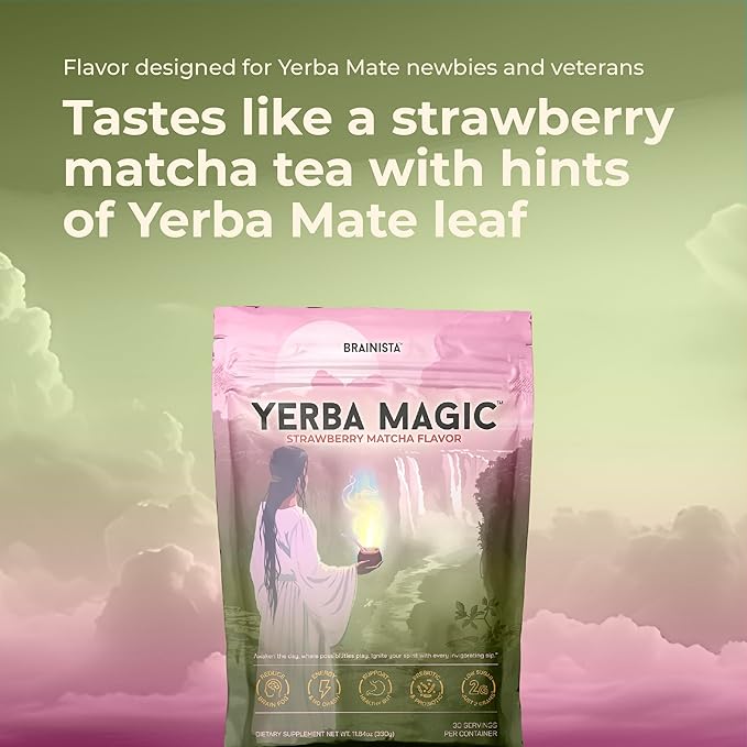 Yerba Magic - Yerba Mate Instant Tea Powder, 3-in-1 Super Drink - Clean Energy, Brain Fog Buster, and Gut Health Powered by Nootropics, Prebiotics and Probiotics | Strawberry Matcha 30 Servings