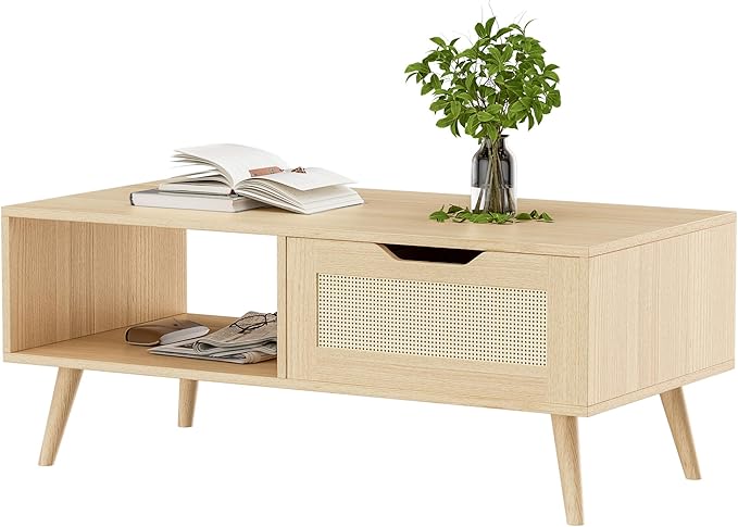 Oak Rattan Coffee Table, Mid Century Modern with Drawer & Shelf, 39'' Wooden Boho Coffee Table for Living Room