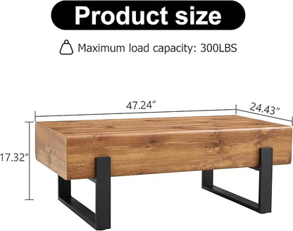 47.24'' Rustic Rectangle Coffee Table MDF Desktop with Metal Legs for Living Room Dining Room Bedroom Office