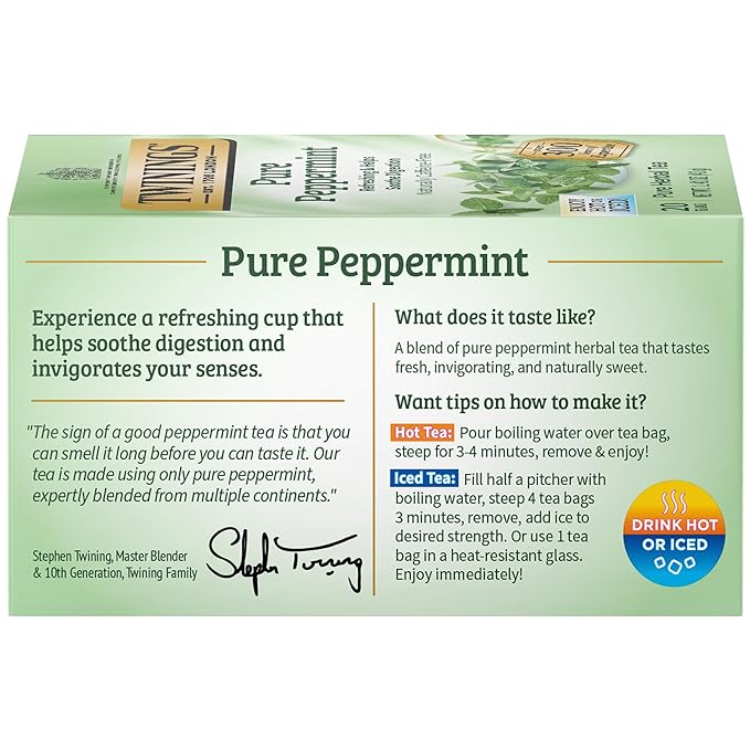 Twinings Pure Peppermint Individually Wrapped Tea Bags, 20 Count (Pack of 1), Fresh Minty Flavour, Naturally Caffeine Free, Enjoy Hot or Iced