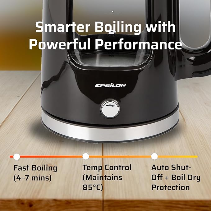 Epsilon 1.7L Glass Electric Kettle – Hot Water Tea Kettle with LED Light, Stainless Steel & Borosilicate Glass, Auto Shut-Off, BPA-Free Electric Teapot, 1100W Fast Boil, Cool Touch