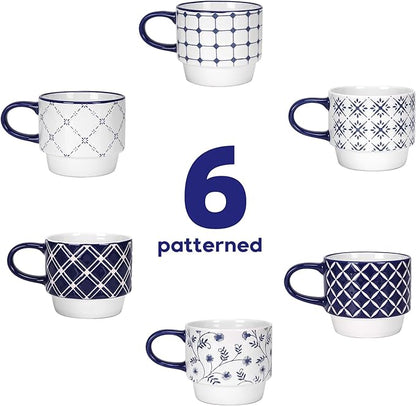 Schliersee 12 OZ Stackable Ceramic Coffee Mugs set of 6, Geometric Floral Pattern Small Mug, Blue White Porcelain Coffee Mug, Stacking Coffee Mugs, Tea Mug, Water Cup, Dishwasher Safe, Microwave Safe