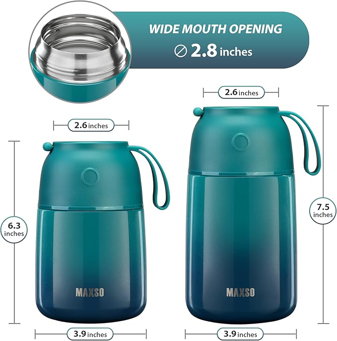 MAXSO 2 Pack Soup Thermo for Hot Food, Vacuum Insulated Food Jar Thermal Lunch Containers for Adults, Travel Food Flask (24 oz,17 oz) (Gradual Blue-green)