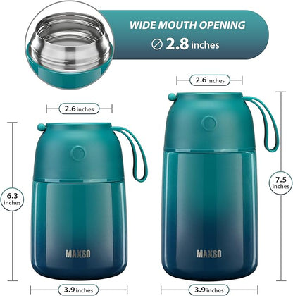 MAXSO 2 Pack Soup Thermo for Hot Food, Vacuum Insulated Food Jar Thermal Lunch Containers for Adults, Travel Food Flask (24 oz,17 oz) (Gradual Blue-green)