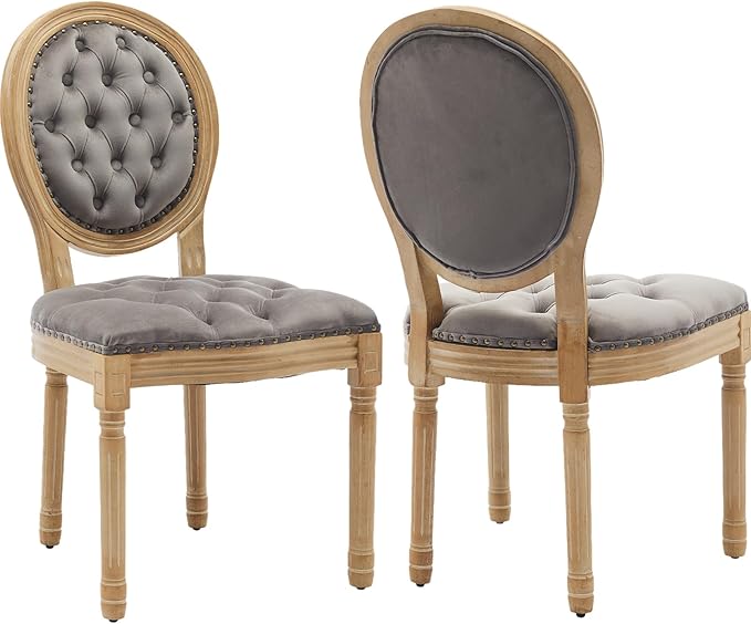 Vintage French Country Dining Chairs Set of 2, Velvet Dining Chair with Solid Wood Legs, Grey Upholstered Dining Chairs, Sillas para Comedor, Kitchen & Dining Room Chair (Gray, Velvet, 2Pcs)