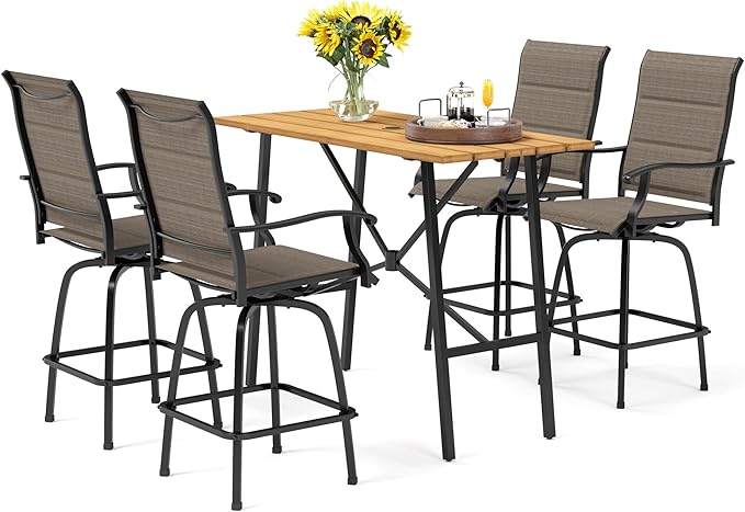 PHI VILLA 5 Piece Outdoor Bar Set, High Top Patio Dining Table and Chairs with 4 Swivel Padded Bar Stools (Brown) & Wood-Like Steel Bar Table for Deck, Garden, Poolside and Porch