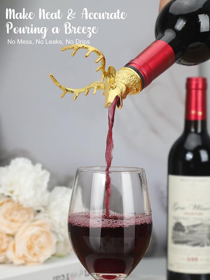 Gold Deer Head Wine Pourer, Liquor Bottle Pour Spout with Leak-Proof Rubber Stopper, Universal Fit for Wine Whiskey Champagne Olive Oil – Drip-Free Bar Pourer Gift for Men, Weddings & Holidays