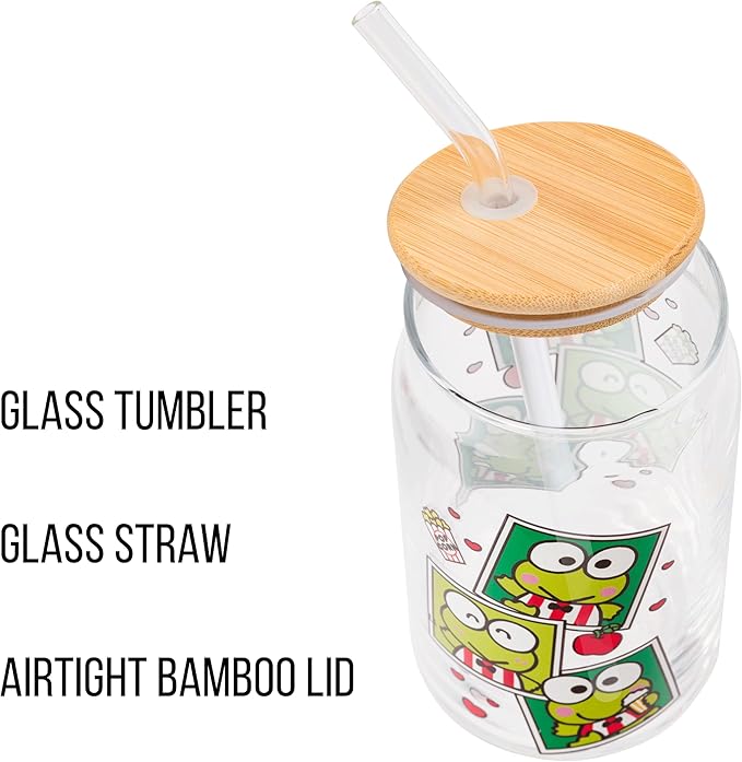 Silver Buffalo Sanrio Hello Kitty and Friends Keroppi Polaroids Glass Jar Tumbler with Bamboo Lid and Glass Straw, 16 Ounces