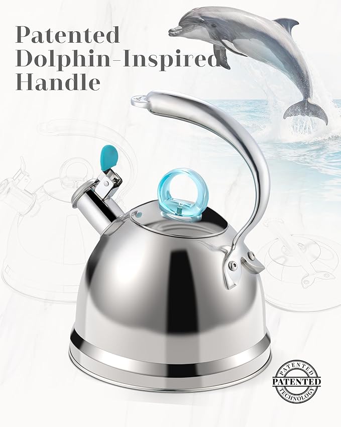 Harriet Tea Kettle Stovetop, 2.5 Quart Whistling Stainless Steel Tea Pot, 3-Layer Base, Unique Ergonomic Handle, Includes Pot Holder & Mat, Electric/Induction/Gas Stovetops Applicable, Mirror Finish