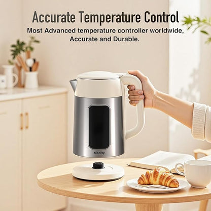 Mecity Electric Kettle 1.7L Touch Screen Temperature Control Water Boiler, No Plastic Contact with Water. 6 Presets For Tea and Coffee, 2 Hours Keep Warm, Cream & Stainless Steel Color