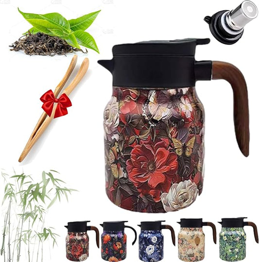 Infinite Tea Pot with Infuser, 316 Stainless Steel Infinite Vintage Floral Pattern Teapot Built-In Infuser, One-Handed Pour, Detachable Infinity Tea Pot Kettle for loose tea (Red wood, 28Oz)