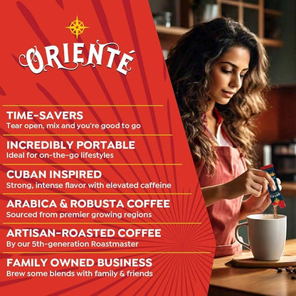 Oriente Cuban Coffee Roasters Dark Roast Instant Coffee - 20 ct, Authentic Cuban Style, 100% Arabica Coffee - Hot or Iced Coffee