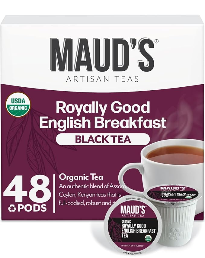 Maud's Organic English Breakfast Black Tea Pods, 48 ct, Recyclable Single Serve Pods – 100% Gourmet Blended Tea Leaves, Compatible with Keurig K Cups Maker