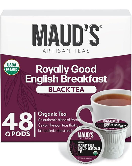 Maud's Organic English Breakfast Black Tea Pods, 48 ct, Recyclable Single Serve Pods – 100% Gourmet Blended Tea Leaves, Compatible with Keurig K Cups Maker