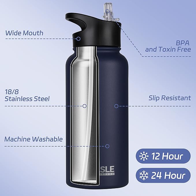 HASLE OUTFITTERS 32 oz Insulated Water Bottle Stainless Steel Double Walled Vacuum Sports Water Bottle with 2 Lids (Straw and Spout Lid) for Gym Camping Hiking(Navy,8)