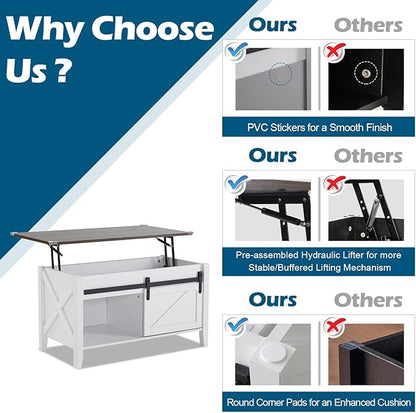 VINGLI 36" Coffee Table with Lifting top, Farmhouse Coffe Table with Storage, Small Lift Top Coffee Tables for Living Room, Rectangular Wood Center Table for Home Decor, White Oak