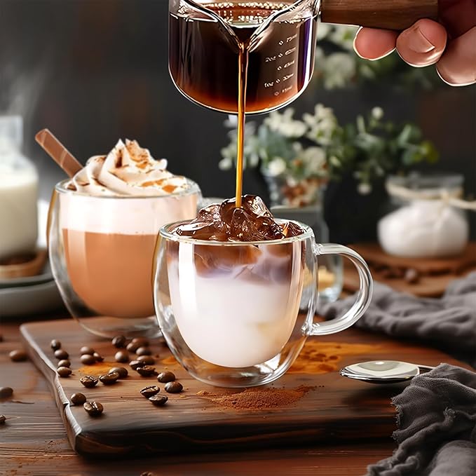 6 Ounces Set of 4 Double Walled Glass Coffee Mugs with Handle Insulated Layer Coffee Cups Borosilicate Glass Espresso Double Insulated Clear Glass Coffee Mug for Hot Beverages