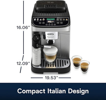 De'Longhi Magnifica Evo Next Fully Automatic Espresso Machine - Programmable Coffee Maker with Grinder and Milk Frother - Hot & Cold Brewer for Espresso, Latte, Cappuccino, Americano, Tea and More