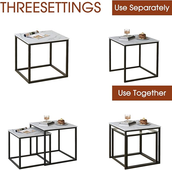 VILAWLENCE Coffee Table Set of 2, Modern Gold Wooden Side Table, Metal Frame Square End Table, Center Tables,Nesting Coffee Table for Living Room,Bedroom and Small Spaces