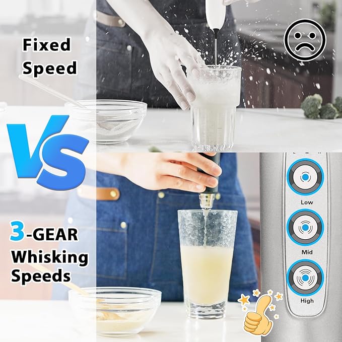 Milk Frother Rechargeable Handheld-Electric Whisk 3 Speed Adjustable, Coffee Frother Wand with 3 Stainless Whisks, Electric Foam Maker, Drink Mixer Blender for Latte Cappuccino Matcha Egg