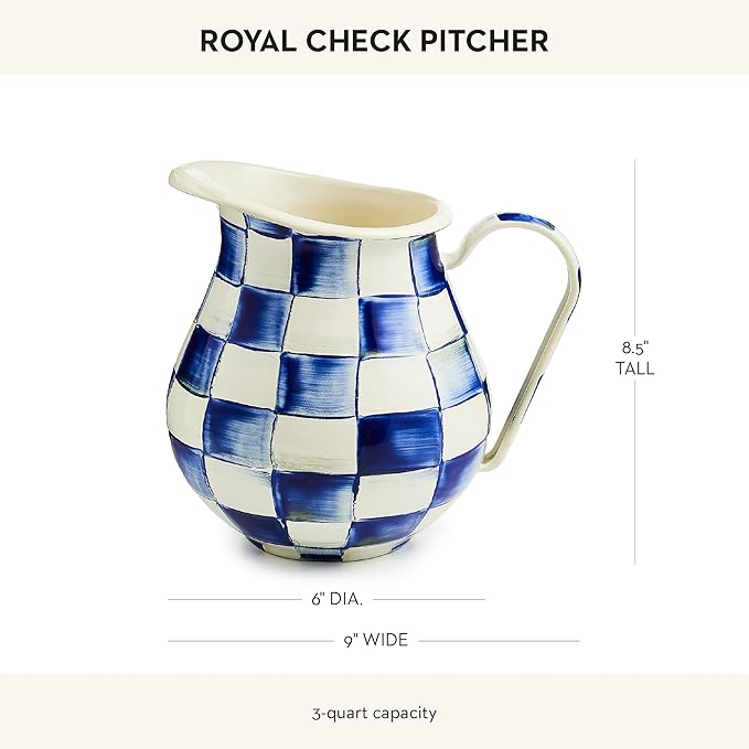MACKENZIE-CHILDS Enamel Pitcher with Spout for Water, Cut Flowers, and Home Decor, 3 Quarts, Blue-and-White Royal Check