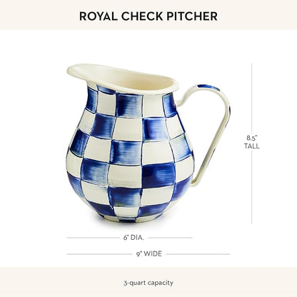 MACKENZIE-CHILDS Enamel Pitcher with Spout for Water, Cut Flowers, and Home Decor, 3 Quarts, Blue-and-White Royal Check