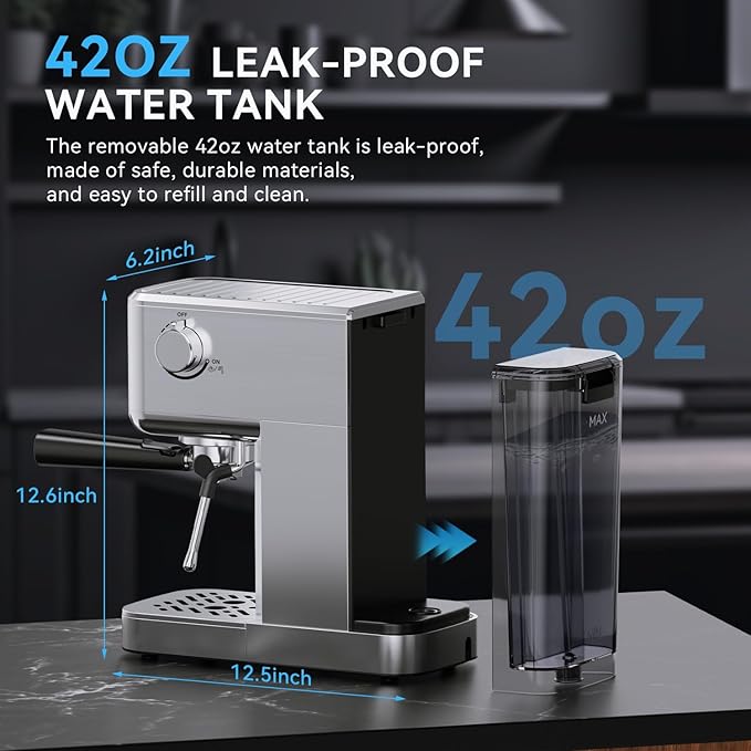 Espresso Machine 20 Bar with Milk Frother, Stainless Steel Coffee Maker with 42 oz Removable Water Tank for Cappuccino, Latte&Cold Brew, Home&Office, Silver