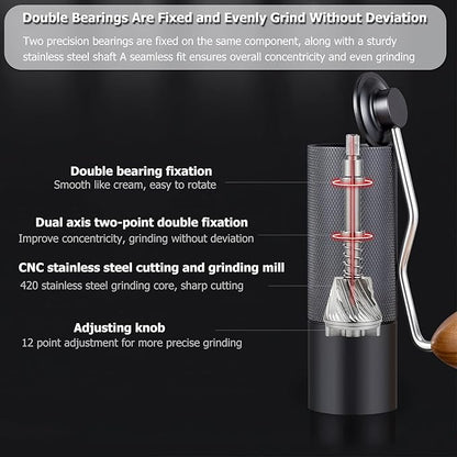 Manual Coffee Grinder with Double Bearing System Coffee Bean Grinder, 25g Capacity Hand Coffee Grinder, Stainless Steel 6-Star Burr Mill (BLACK, 6star-stainless steel)