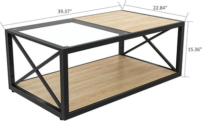 39" Glass Coffee Table Mordern Living Room Table with Black Metal Frame, Rectangle Tempered Glass Top & Rustic Wood MDF Storage Shelves, Industrial Style Natural