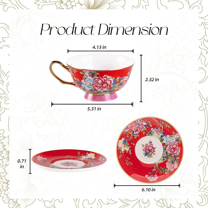 KAMMAK Ceramic Coffee Cups and Saucers Set of 2, Porcelain Espresso Cups with Saucers, 5.64 oz Handcrafted Ceramic Floral Coffee and Tea Cup, Vintage Drinkware for Tea Party, Office, Women Gifts